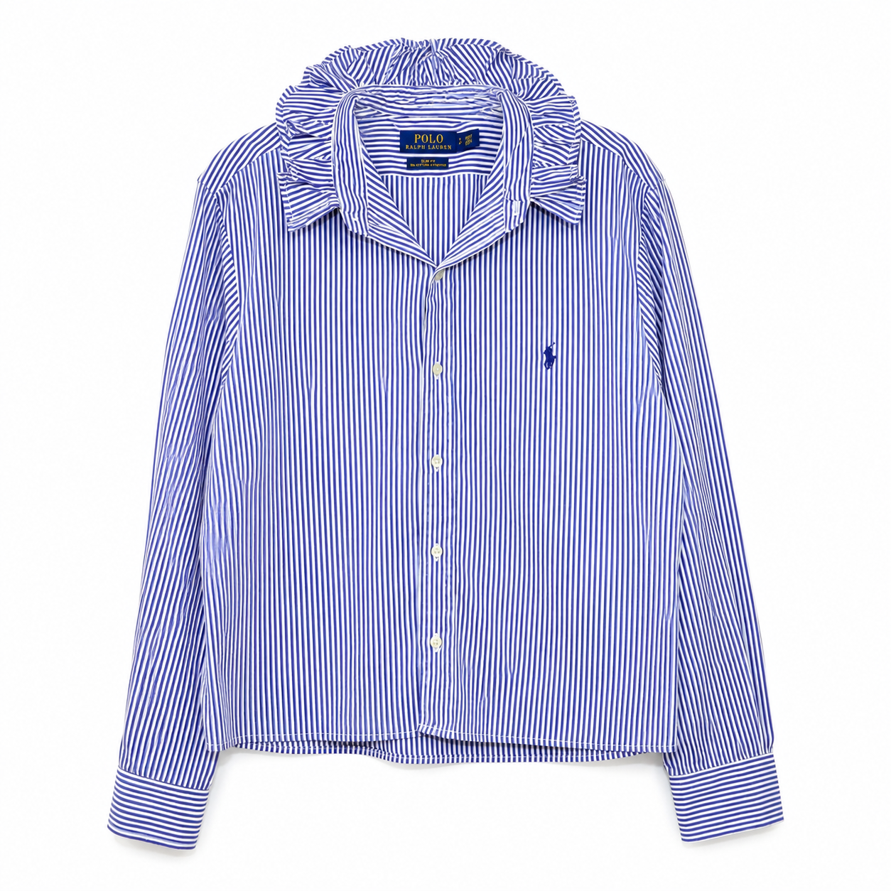 Reimagined Polo Ralph Lauren Striped Shirt, Hand-Ruffled Collar, Royal Blue & White Stripe, One of a Kind
