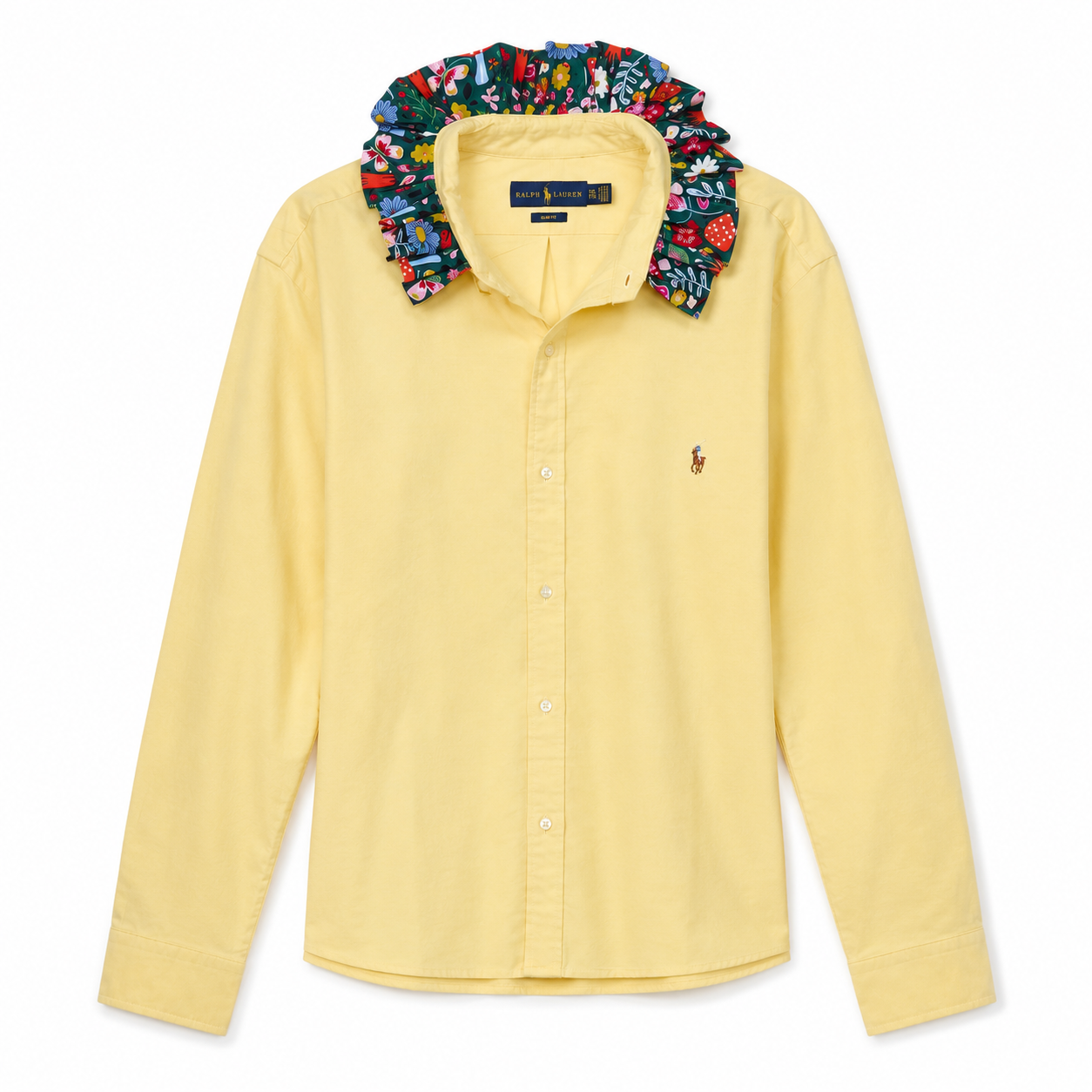 Reimagined Ralph Lauren Yellow Oxford Shirt, Contrast Floral Ruffle Collar, Oversized, One of a Kind
