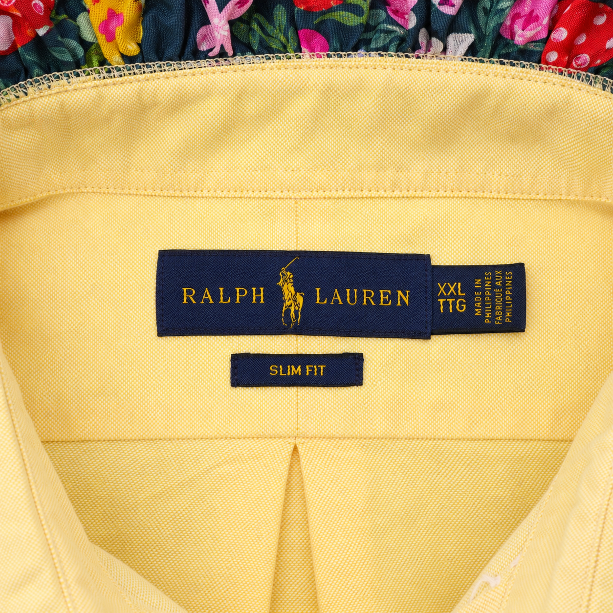 Reimagined Ralph Lauren Yellow Oxford Shirt, Contrast Floral Ruffle Collar, Oversized, One of a Kind