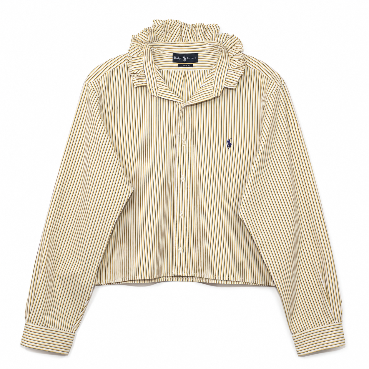 Reimagined Ralph Lauren Striped Shirt, Hand-Ruffled Collar, Yellow & Navy Stripe, Oversized, One of a Kind