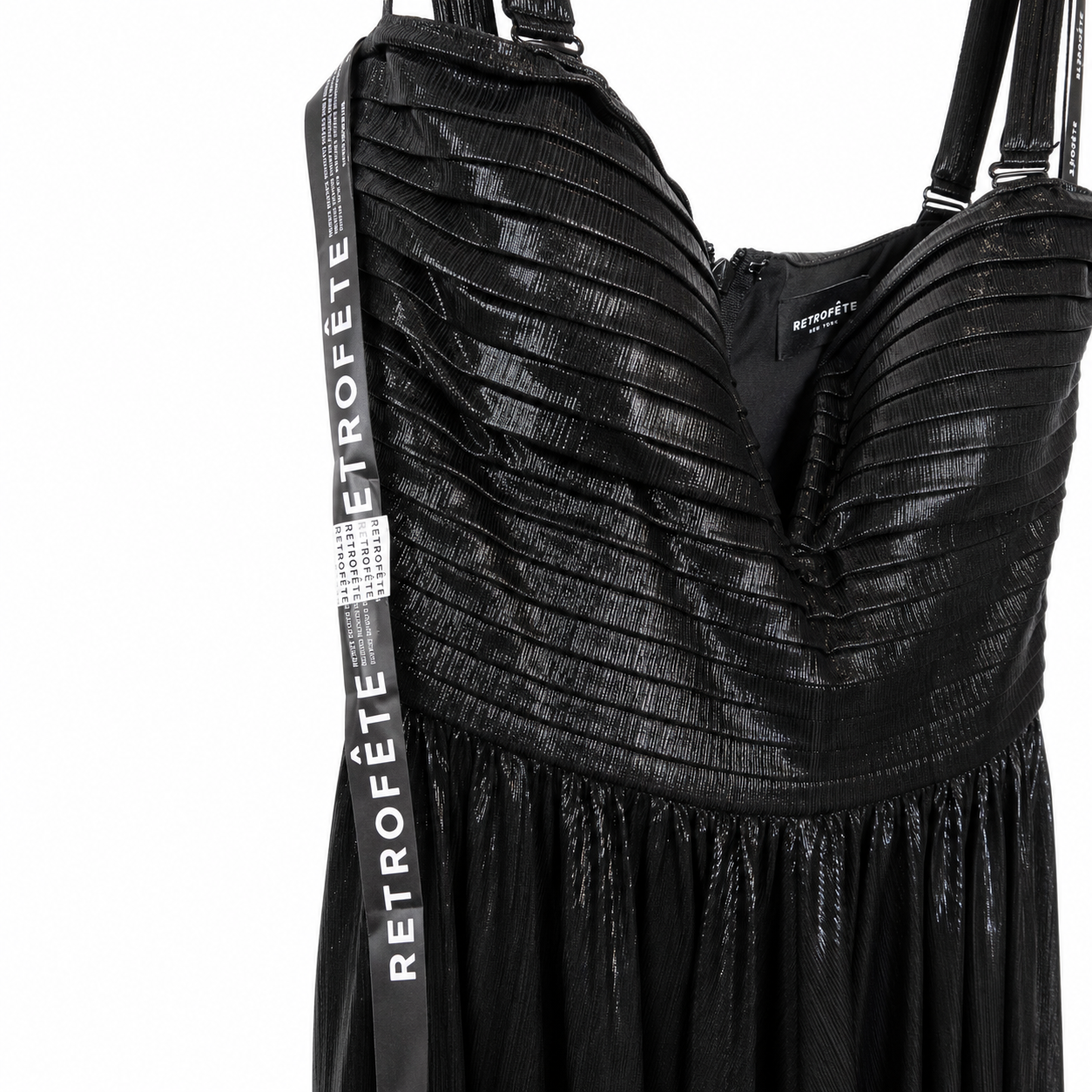 Retrofête Black Metallic Pleated Bustier Gown, Sweetheart Bodice, New With Tags, Size Small