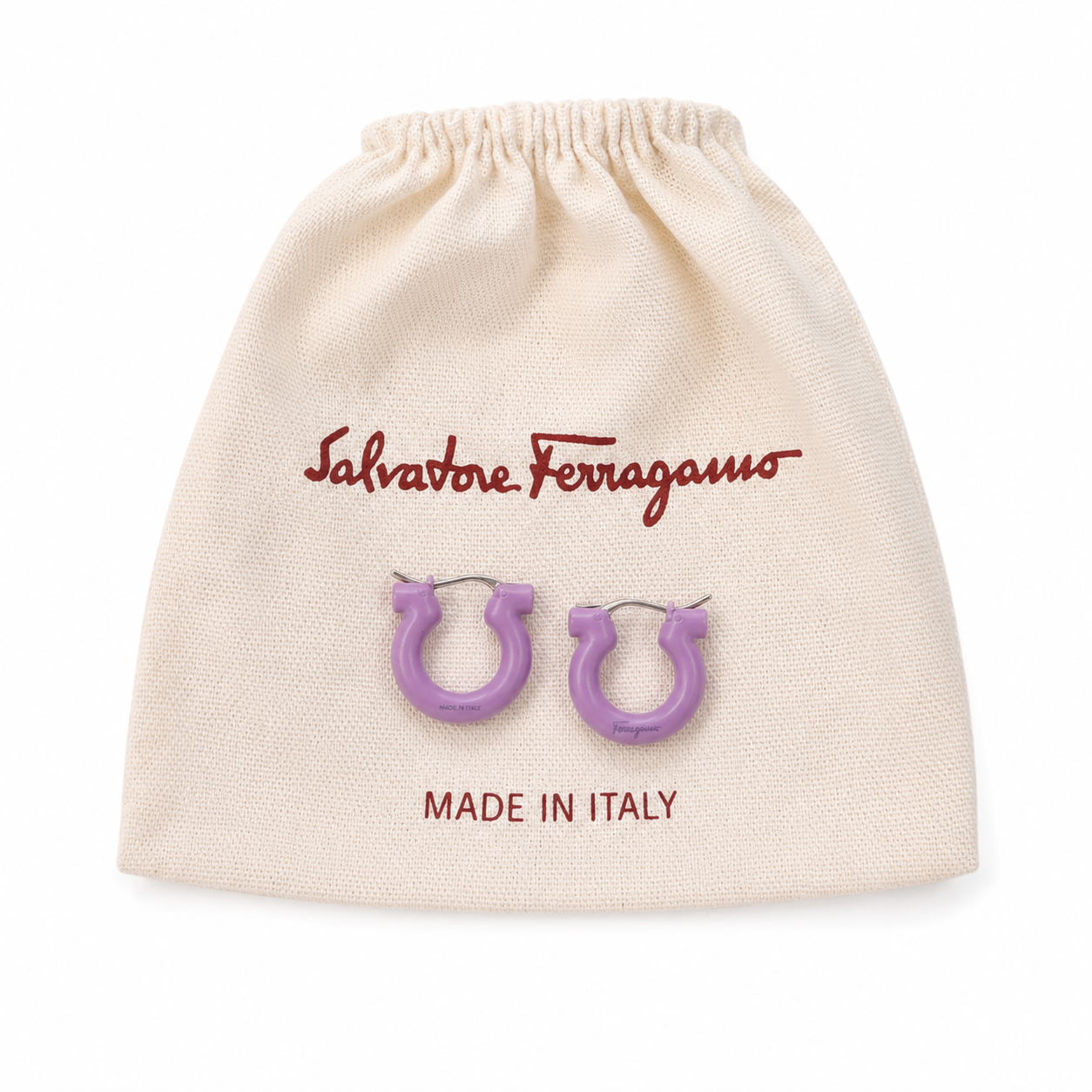Salvatore Ferragamo Gancini Hoop Earrings, Lilac Enamel, Logo Pierced Earrings