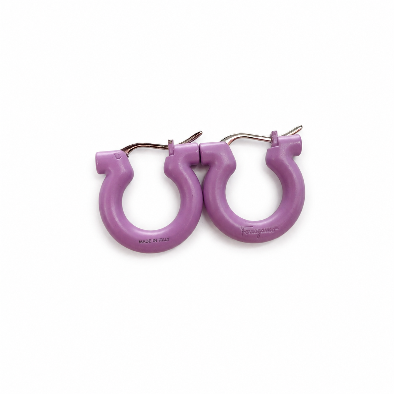 Salvatore Ferragamo Gancini Hoop Earrings, Lilac Enamel, Logo Pierced Earrings