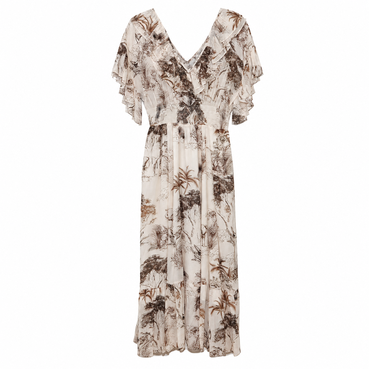 Sandro Paris Jungle Toile Print Midi Dress, Ruffle Neck, Smocked Waist, New With Tags, Size 36 (US 4 / S)