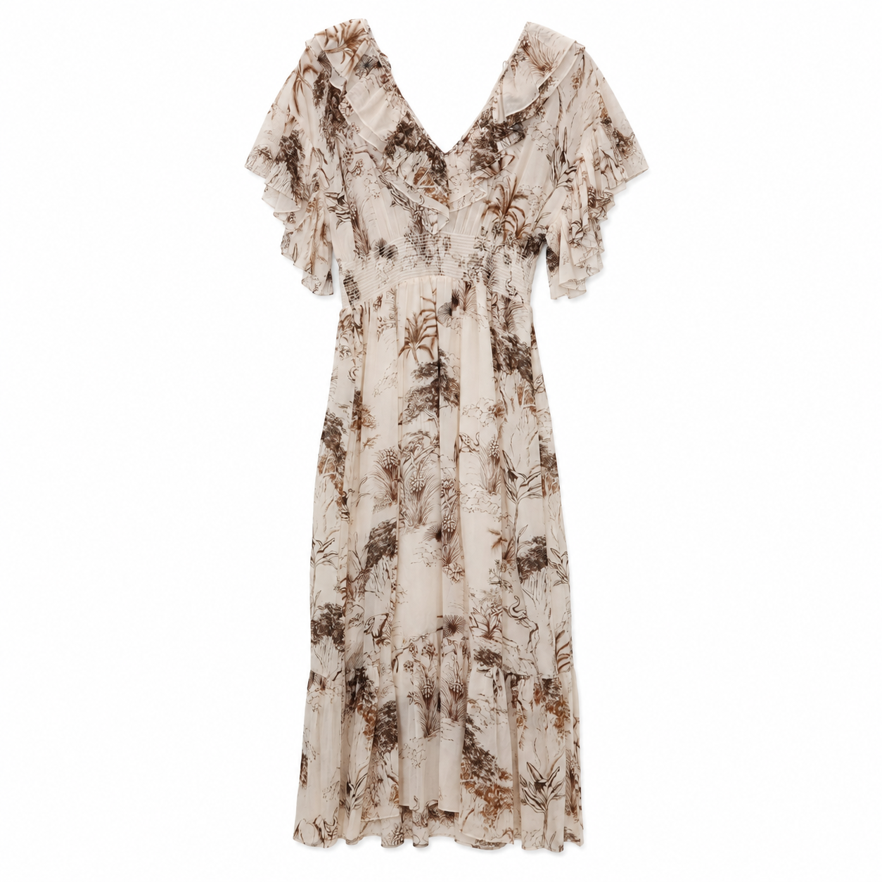 Sandro Paris Jungle Toile Print Midi Dress, Ruffle Neck, Smocked Waist, New With Tags, Size 36 (US 4 / S)