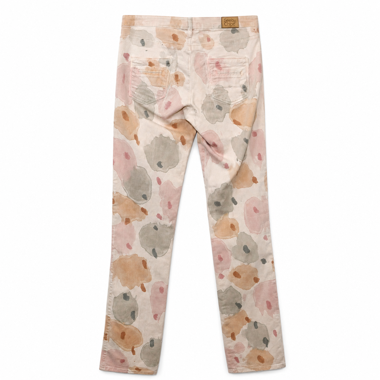 See by Chloé Watercolor Floral Print Jeans, Blush Pink Slim Five-Pocket, Size 28