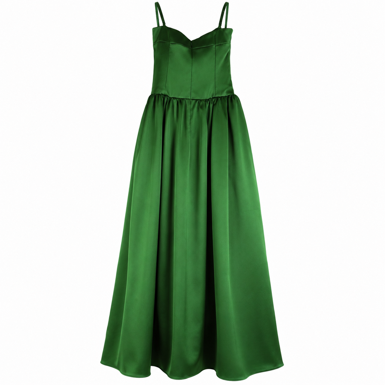 Self-Portrait Green Satin Bandeau Maxi Dress, Corset Bodice with Removable Straps, Drop-Waist Full Skirt, NWT — US 4 / UK 8