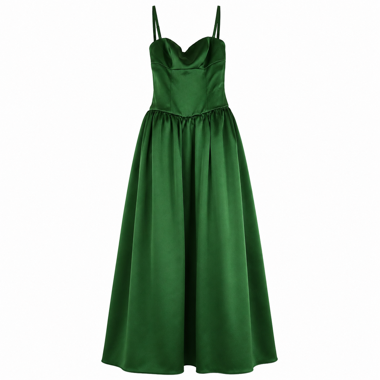 Self-Portrait Green Satin Bandeau Maxi Dress, Corset Bodice with Removable Straps, Drop-Waist Full Skirt, NWT — US 4 / UK 8