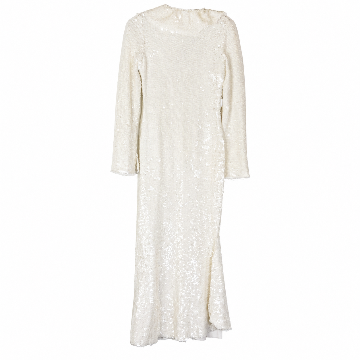 Self-Portrait Cream Sequin Midi Dress, Ruffle Plunge V-Neck, Tie Front, Long Sleeve, NWT — US 8 / UK 12
