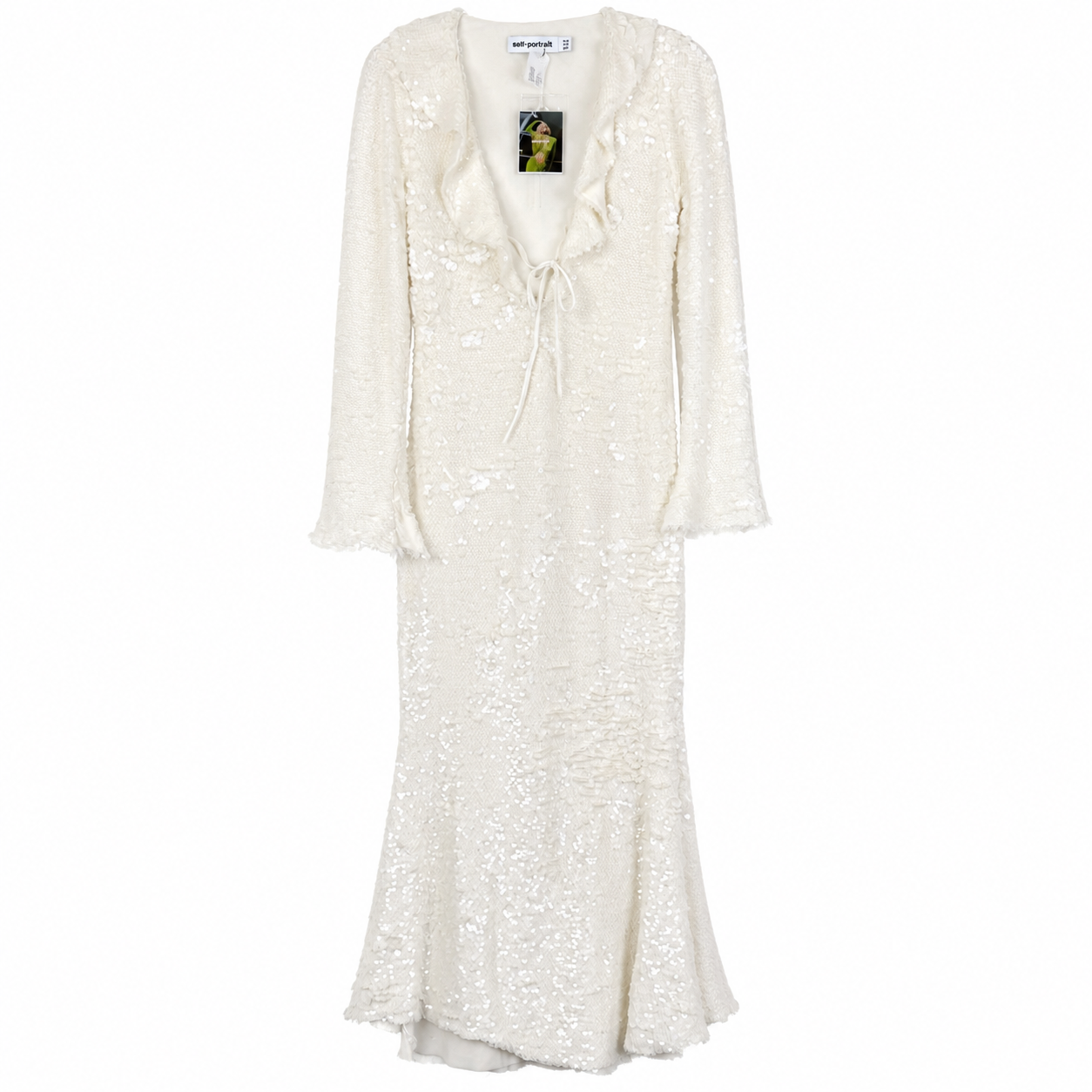 Self-Portrait Cream Sequin Midi Dress, Ruffle Plunge V-Neck, Tie Front, Long Sleeve, NWT — US 8 / UK 12