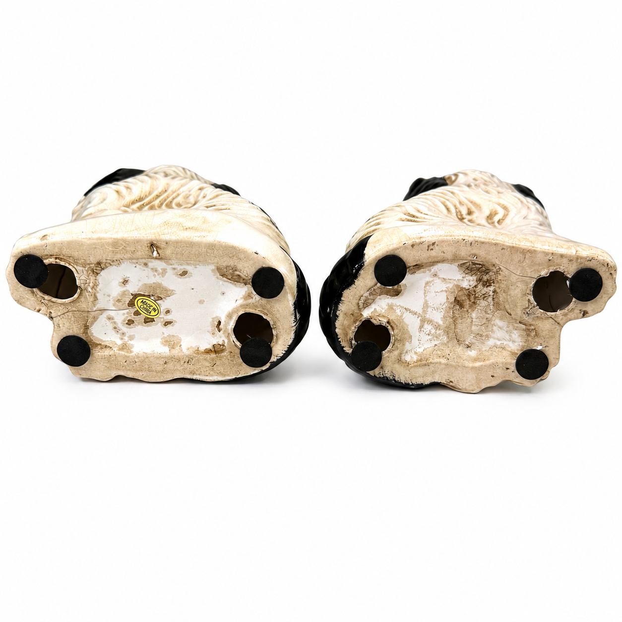Staffordshire-Style Spaniel Mantel Dogs, Pair — Black & Cream with Gold Collars, Antiqued Crackle Glaze (Copy)