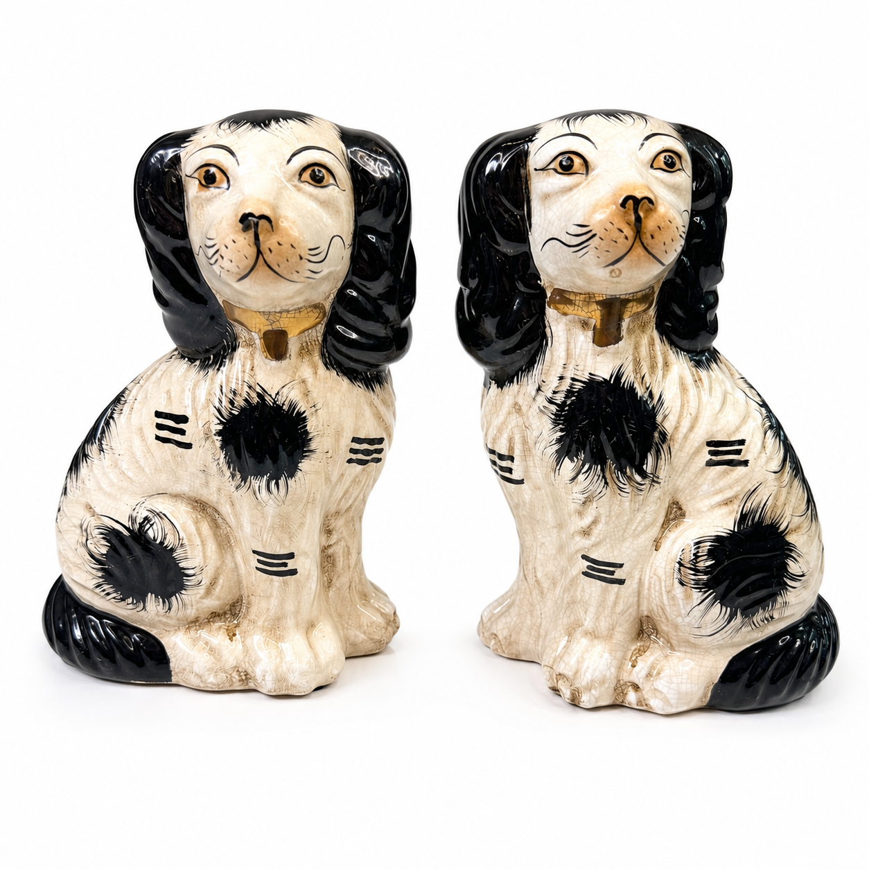 Staffordshire-Style Spaniel Mantel Dogs, Pair — Black & Cream with Gold Collars, Antiqued Crackle Glaze (Copy)