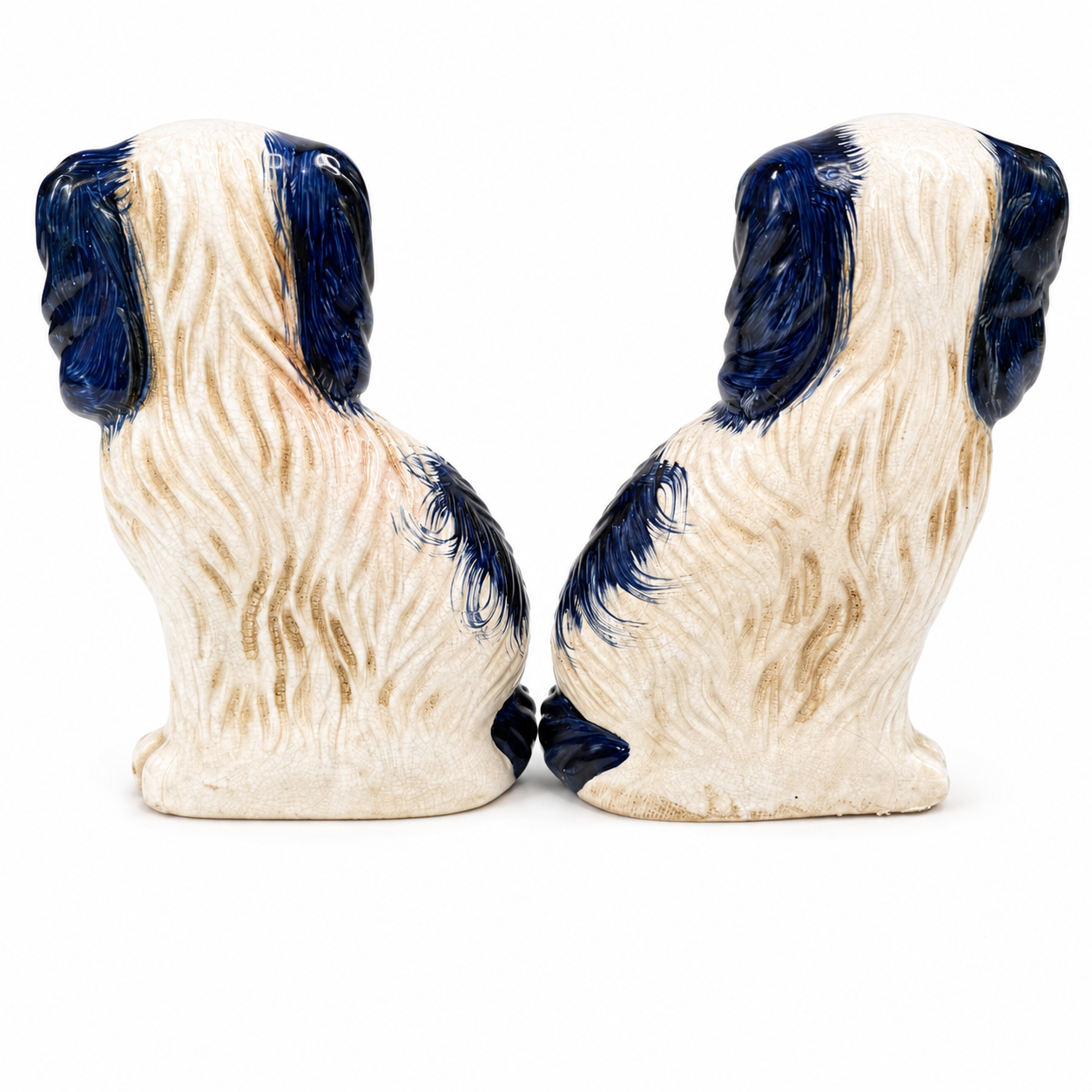 Staffordshire-Style Spaniel Mantel Dogs, Pair — Cobalt Blue & Cream with Gold Collars, Antiqued Crackle Glaze
