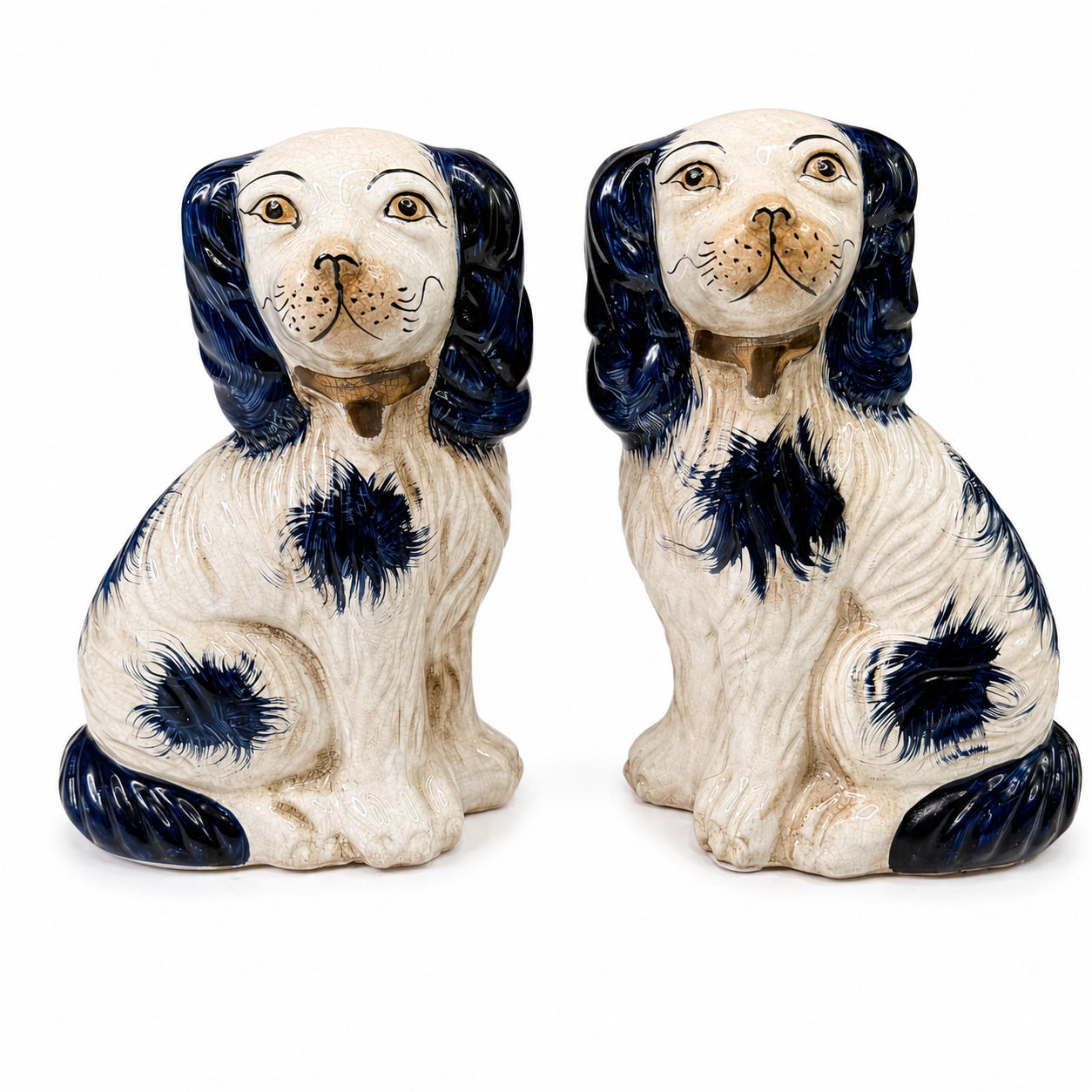Staffordshire-Style Spaniel Mantel Dogs, Pair — Cobalt Blue & Cream with Gold Collars, Antiqued Crackle Glaze