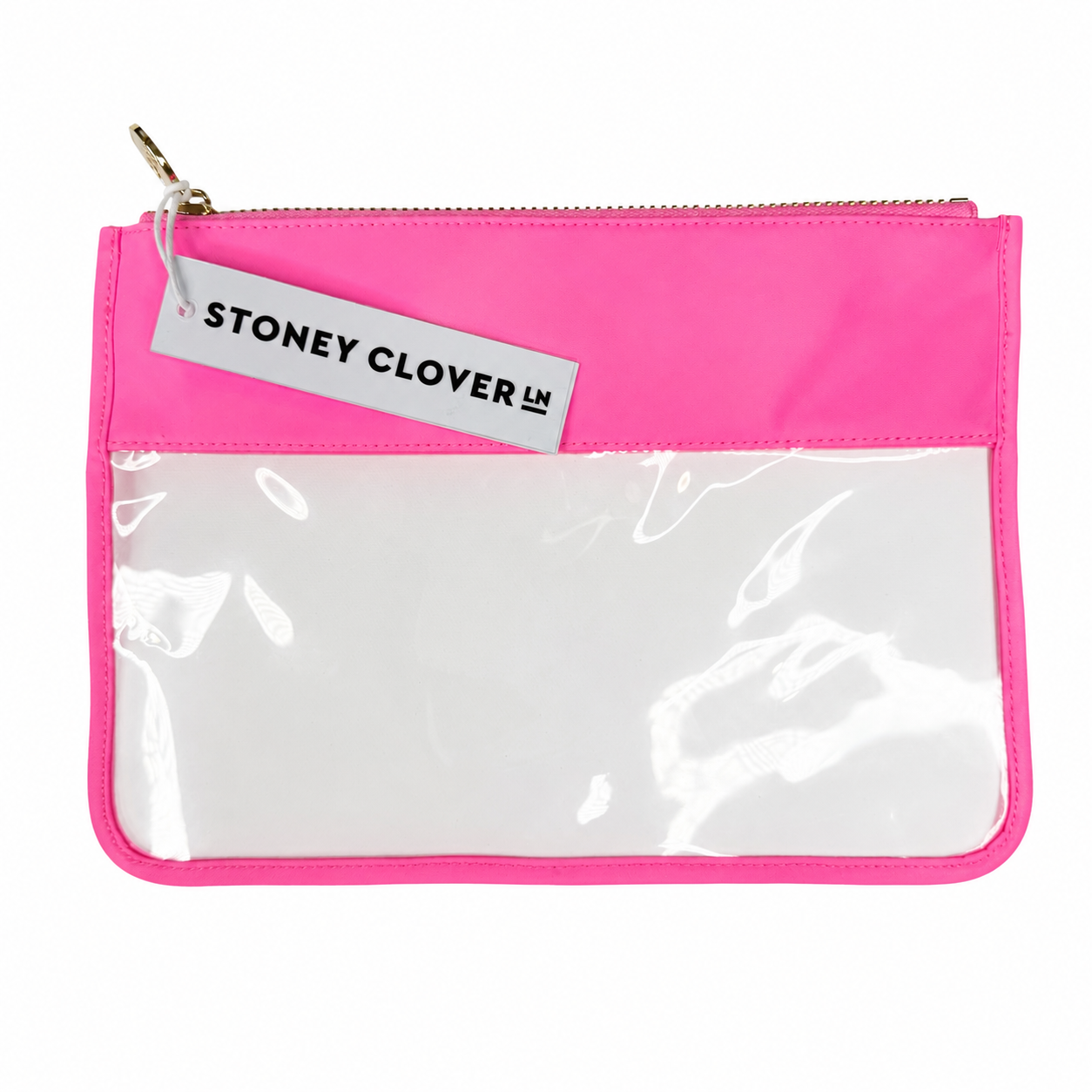 Stoney Clover Lane Classic Clear Flat Pouch, Bubblegum Pink, Gold Hardware, NWT