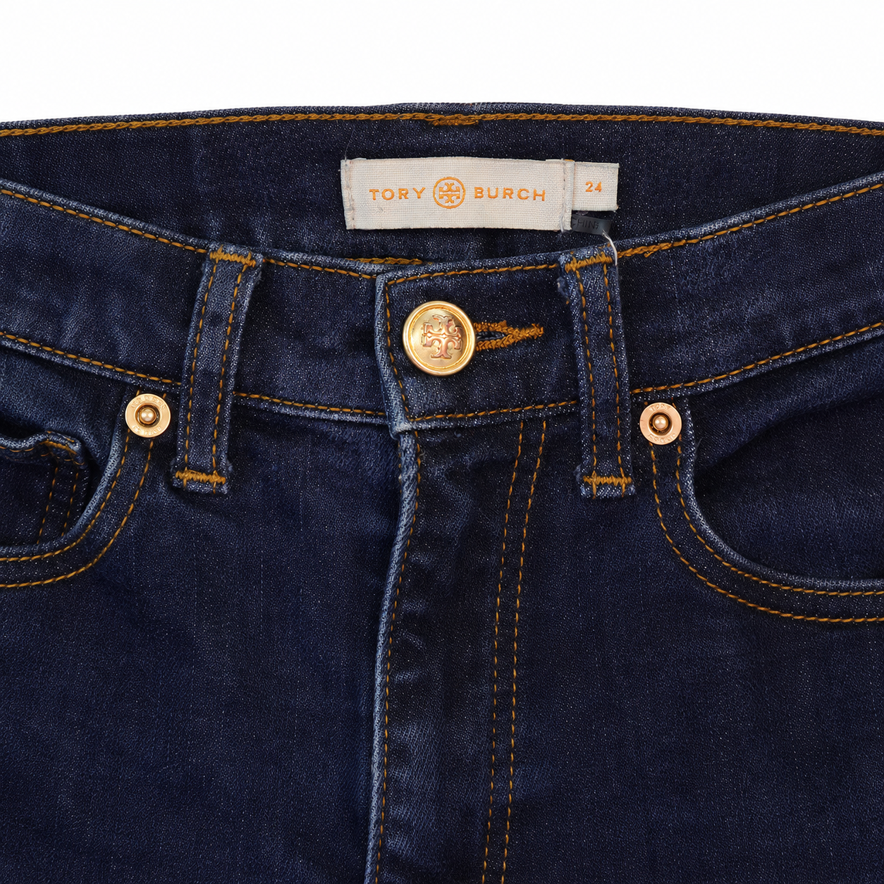 Tory Burch Dark Wash Skinny Jeans, Gold Logo Button, Five-Pocket, Size 24