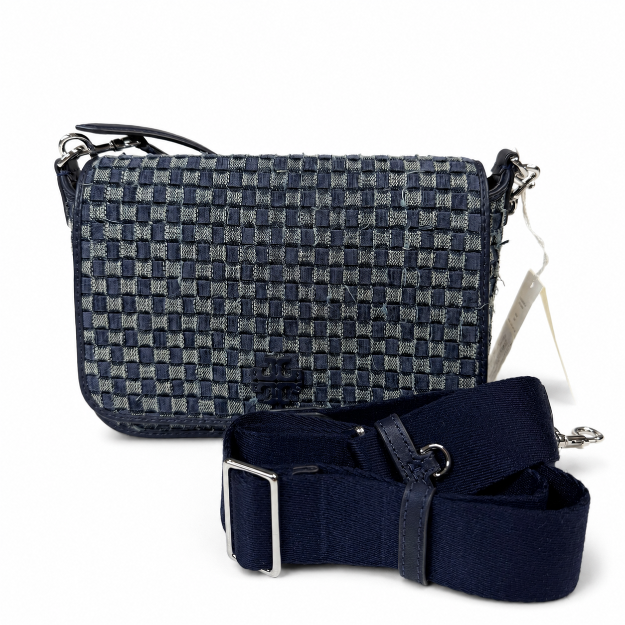 Tory Burch Thea Denim Flap Crossbody — Woven "Tory Navy" Denim, Silver Hardware, Two Straps, New With Tags