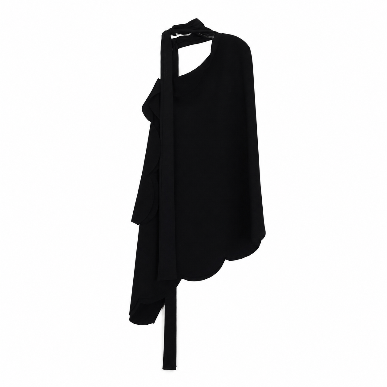 Valentino Black Draped One-Shoulder Cape, Single Long Sleeve, Grosgrain Tie Neck, Made in Italy, Size L