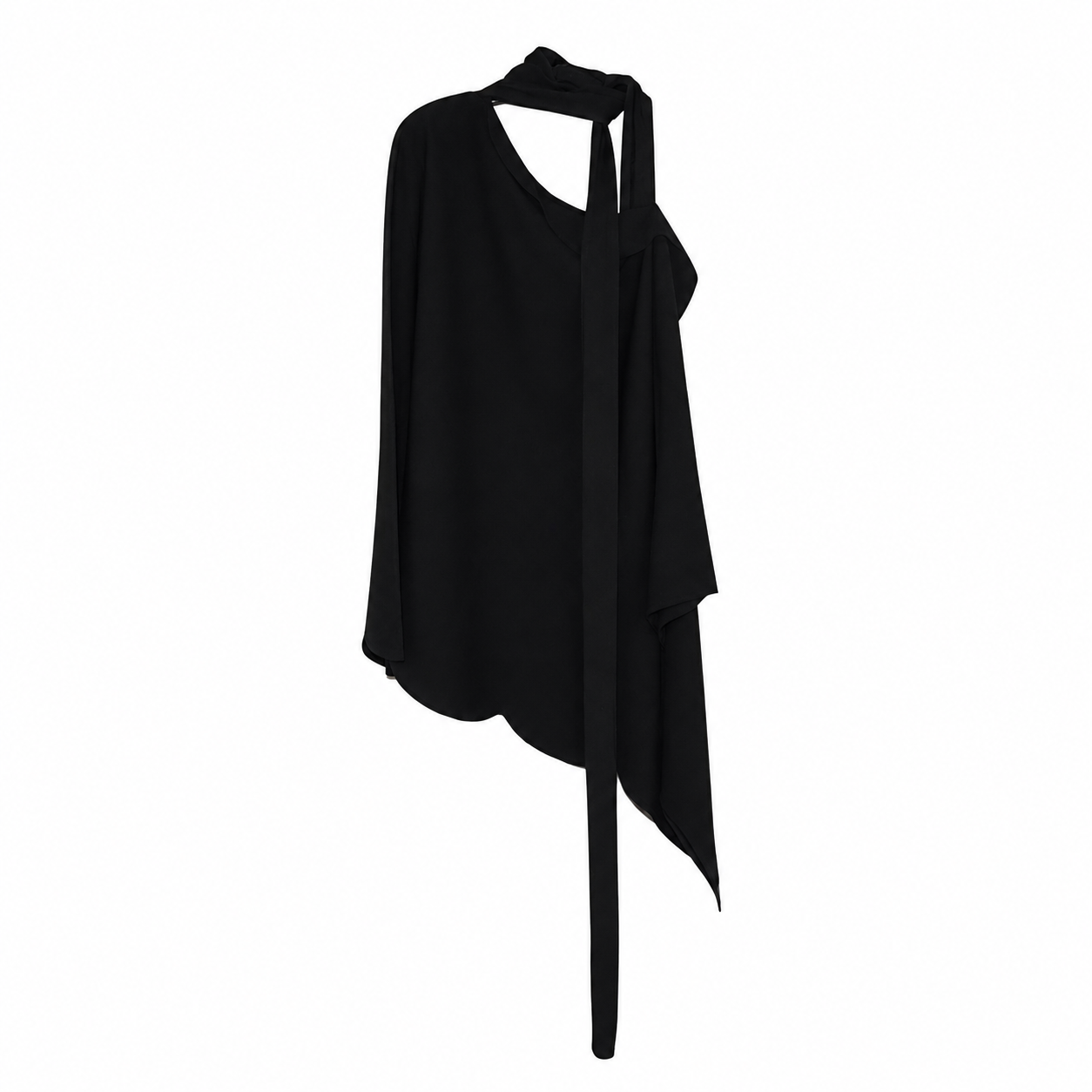 Valentino Black Draped One-Shoulder Cape, Single Long Sleeve, Grosgrain Tie Neck, Made in Italy, Size L