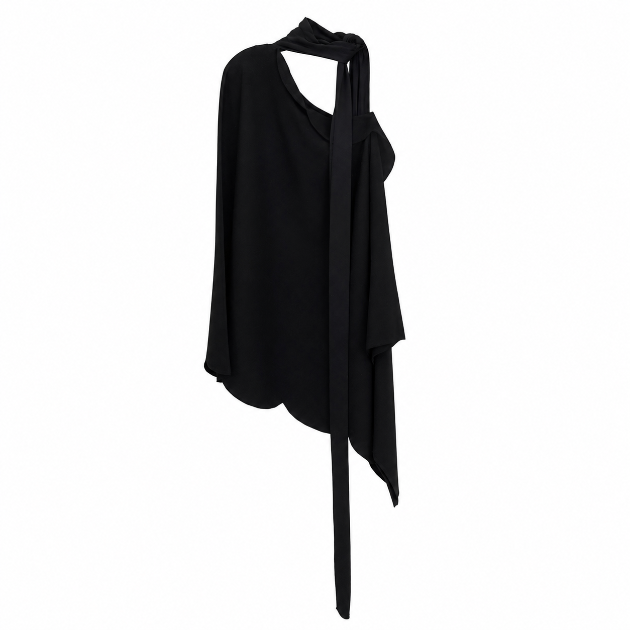 Valentino Black Draped One-Shoulder Cape, Single Long Sleeve, Grosgrain Tie Neck, Made in Italy, Size L