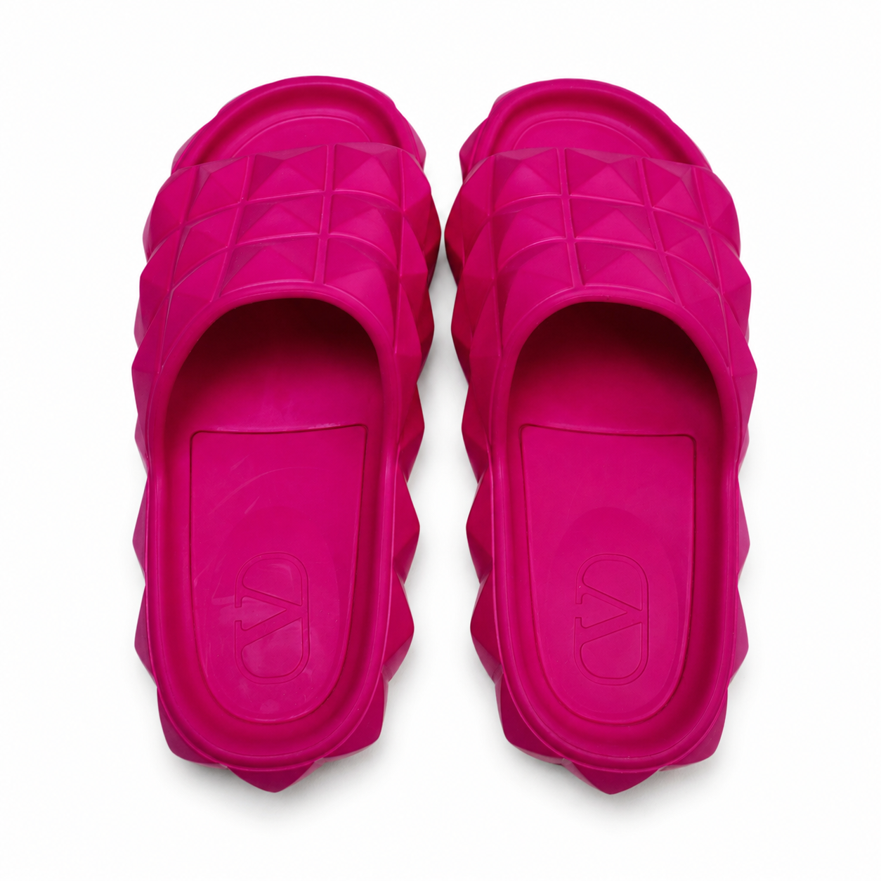 Valentino Garavani Roman Stud Turtle Rubber Slide Sandals, Pink PP Fuchsia, Women's EU 36 / US 6, with Box & Dust Bags