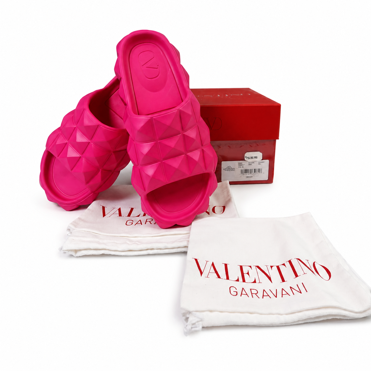 Valentino Garavani Roman Stud Turtle Rubber Slide Sandals, Pink PP Fuchsia, Women's EU 36 / US 6, with Box & Dust Bags