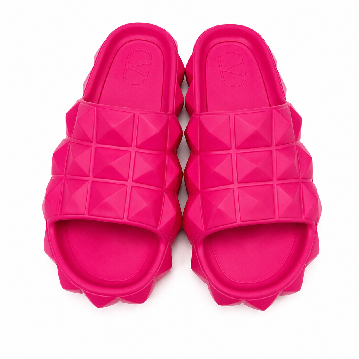 Valentino Garavani Roman Stud Turtle Rubber Slide Sandals, Pink PP Fuchsia, Women's EU 36 / US 6, with Box & Dust Bags