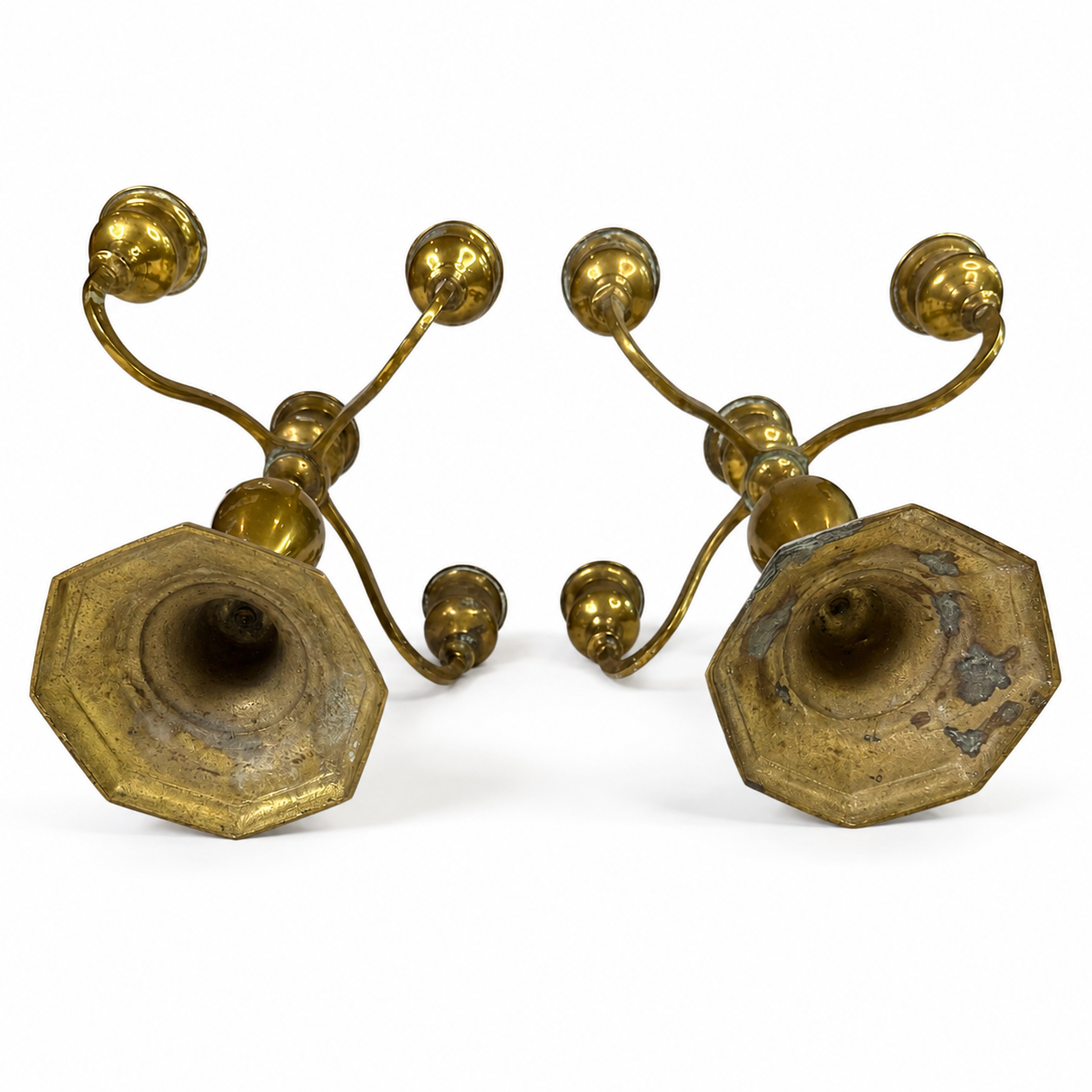 Vintage Brass Candelabra, Pair — 5-Light, Scrolled Arms, Urn Stem & Octagonal Base (Traditional Revival Style)