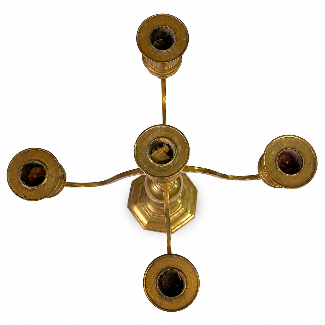 Vintage Brass Candelabra, Pair — 5-Light, Scrolled Arms, Urn Stem & Octagonal Base (Traditional Revival Style)