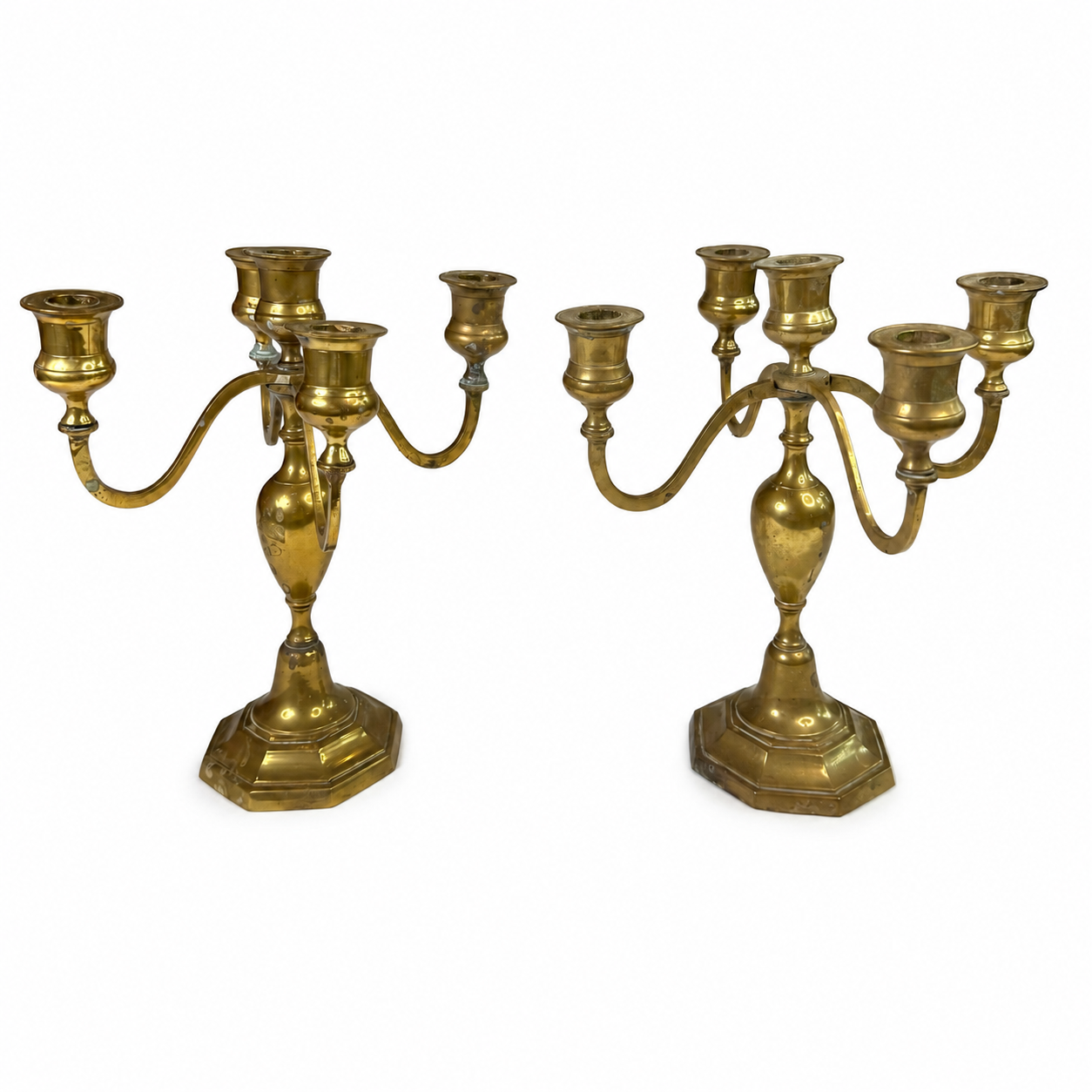 Vintage Brass Candelabra, Pair — 5-Light, Scrolled Arms, Urn Stem & Octagonal Base (Traditional Revival Style)