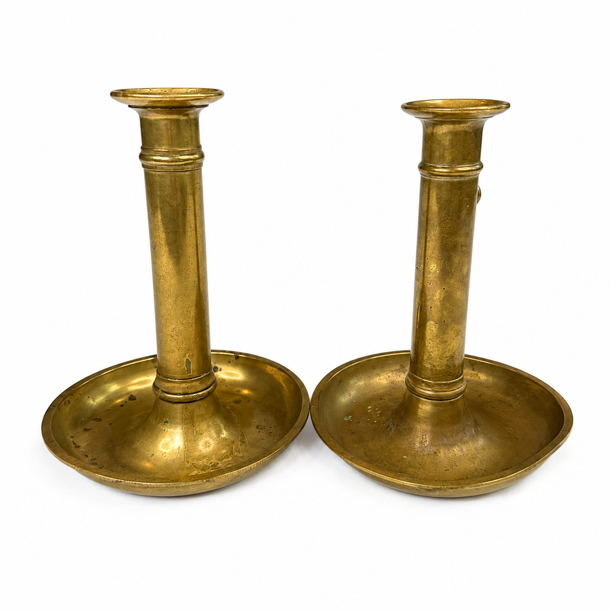 Vintage Brass Push-Up Candlesticks, Pair — Ejector Mechanism, Tall Column & Saucer Base, Warm Patina (Antique Style)