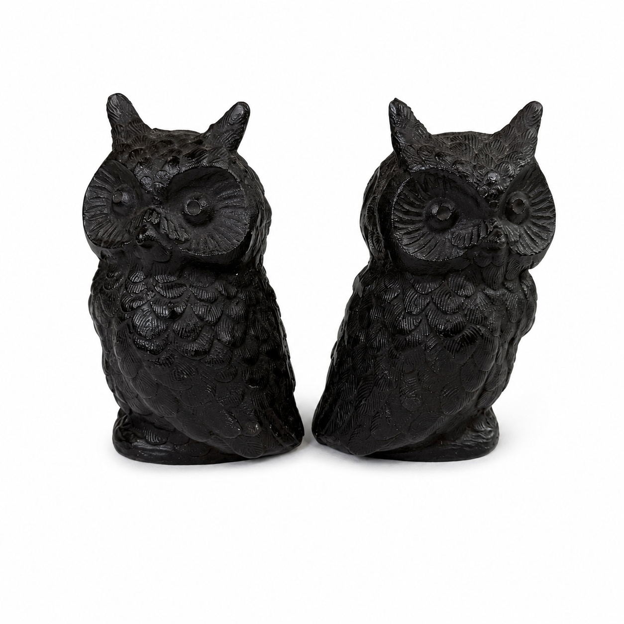 Vintage Cast Iron Owl Bookends, Pair — Black Horned Owls, Detailed Feathers (Mid-Century Estate Find)