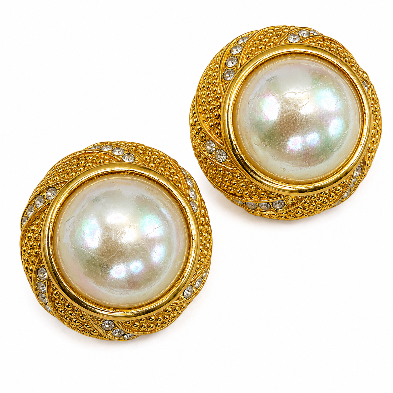 Vintage Christian Dior Domed Faux Pearl Clip Earrings, Pavé Crystal & Beaded Gold Border, Signed Chr.Dior