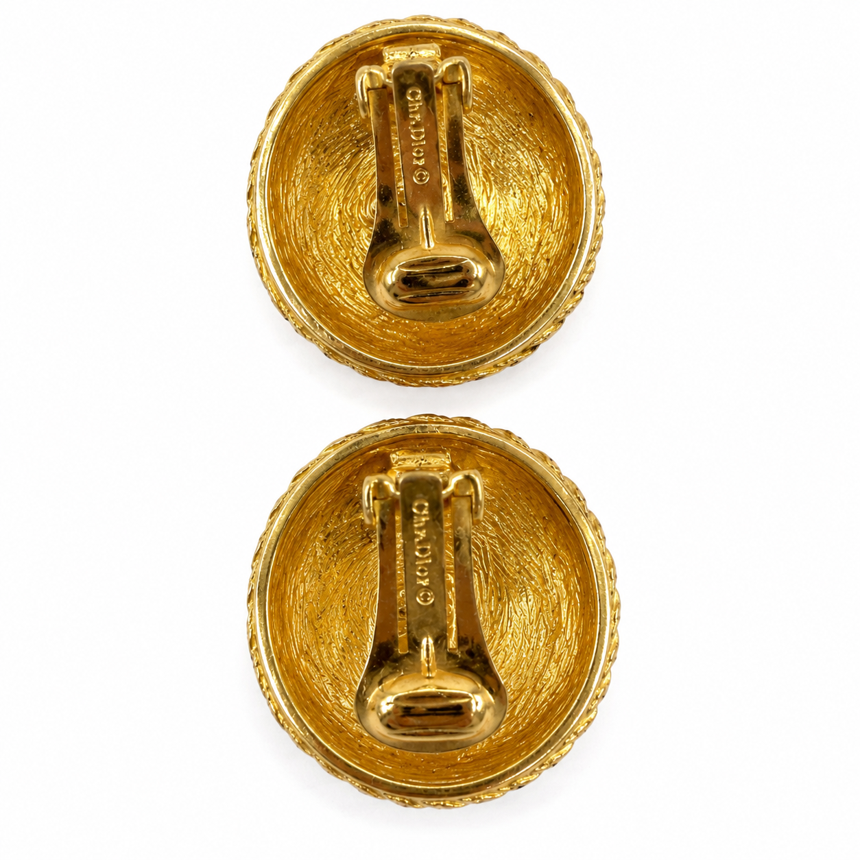 Vintage Christian Dior Domed Faux Pearl Clip Earrings, Pavé Crystal & Beaded Gold Border, Signed Chr.Dior