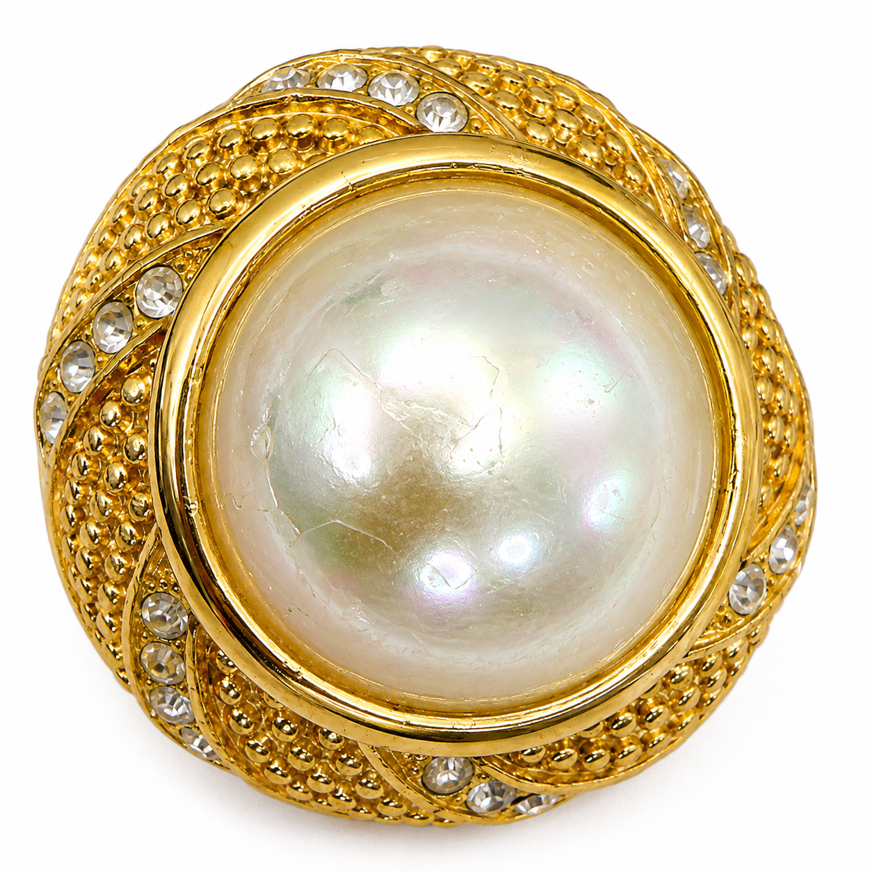 Vintage Christian Dior Domed Faux Pearl Clip Earrings, Pavé Crystal & Beaded Gold Border, Signed Chr.Dior