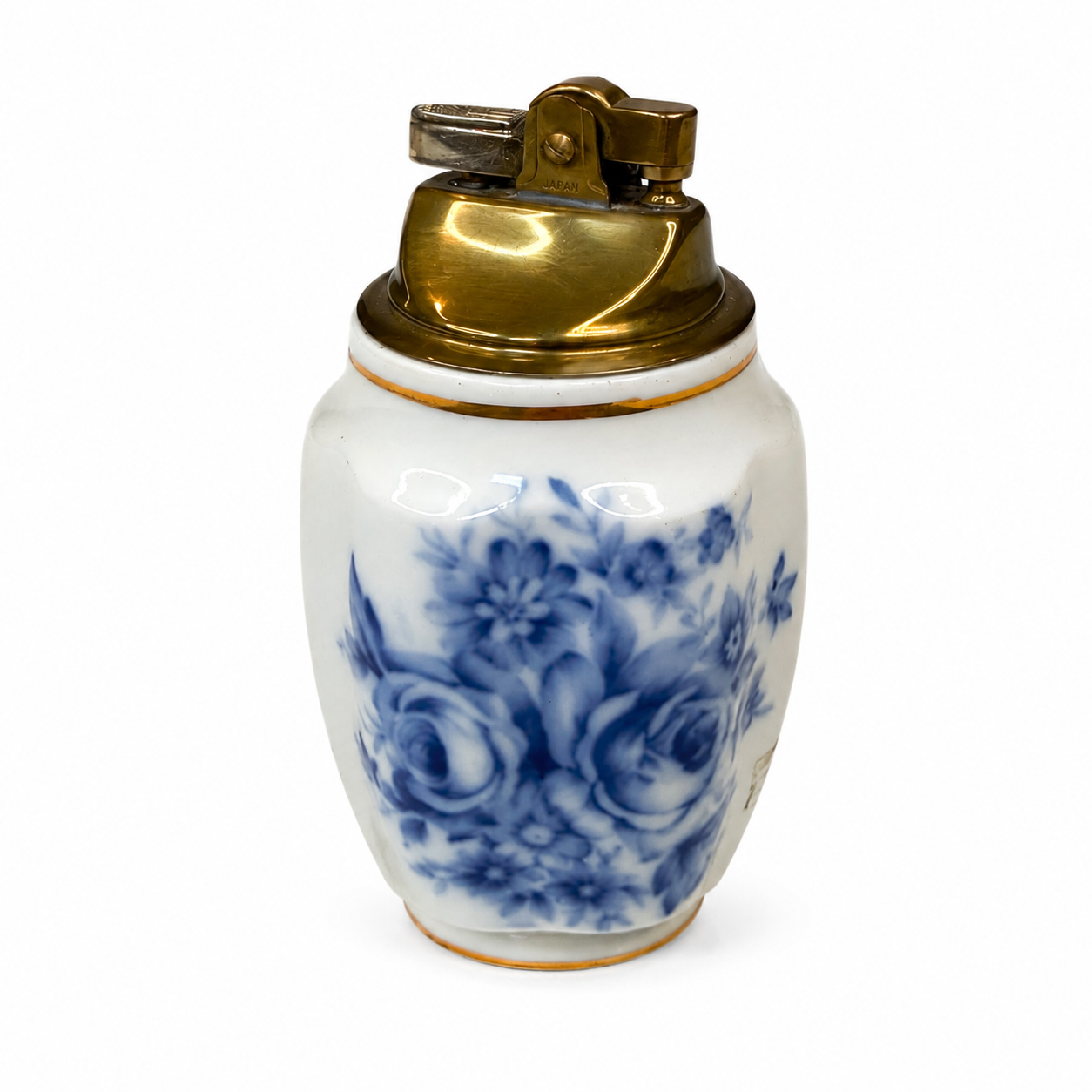 Vintage Enesco Porcelain Table Lighter, Blue Rose Bouquet with Gold Trim — Made in Japan