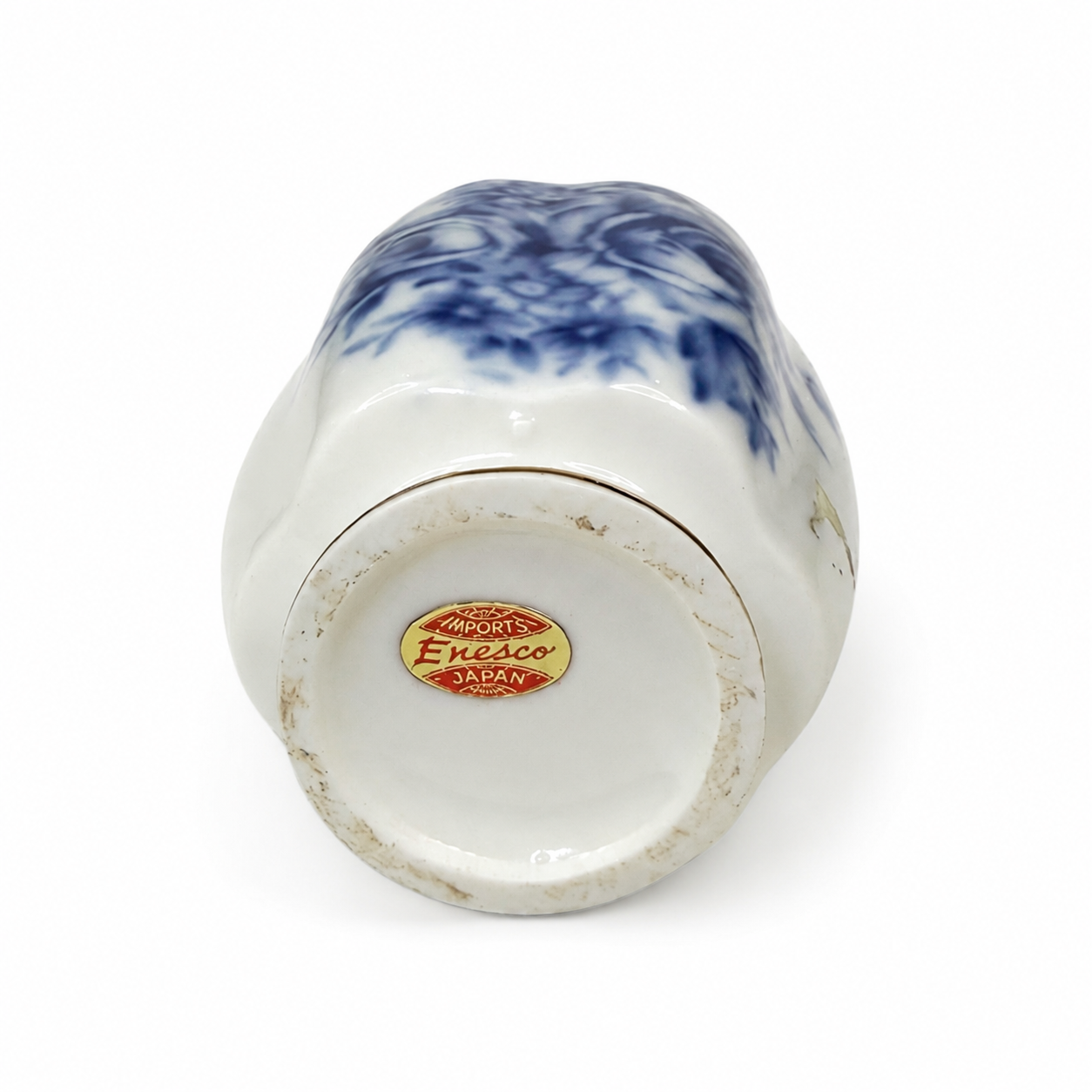 Vintage Enesco Porcelain Table Lighter, Blue Rose Bouquet with Gold Trim — Made in Japan