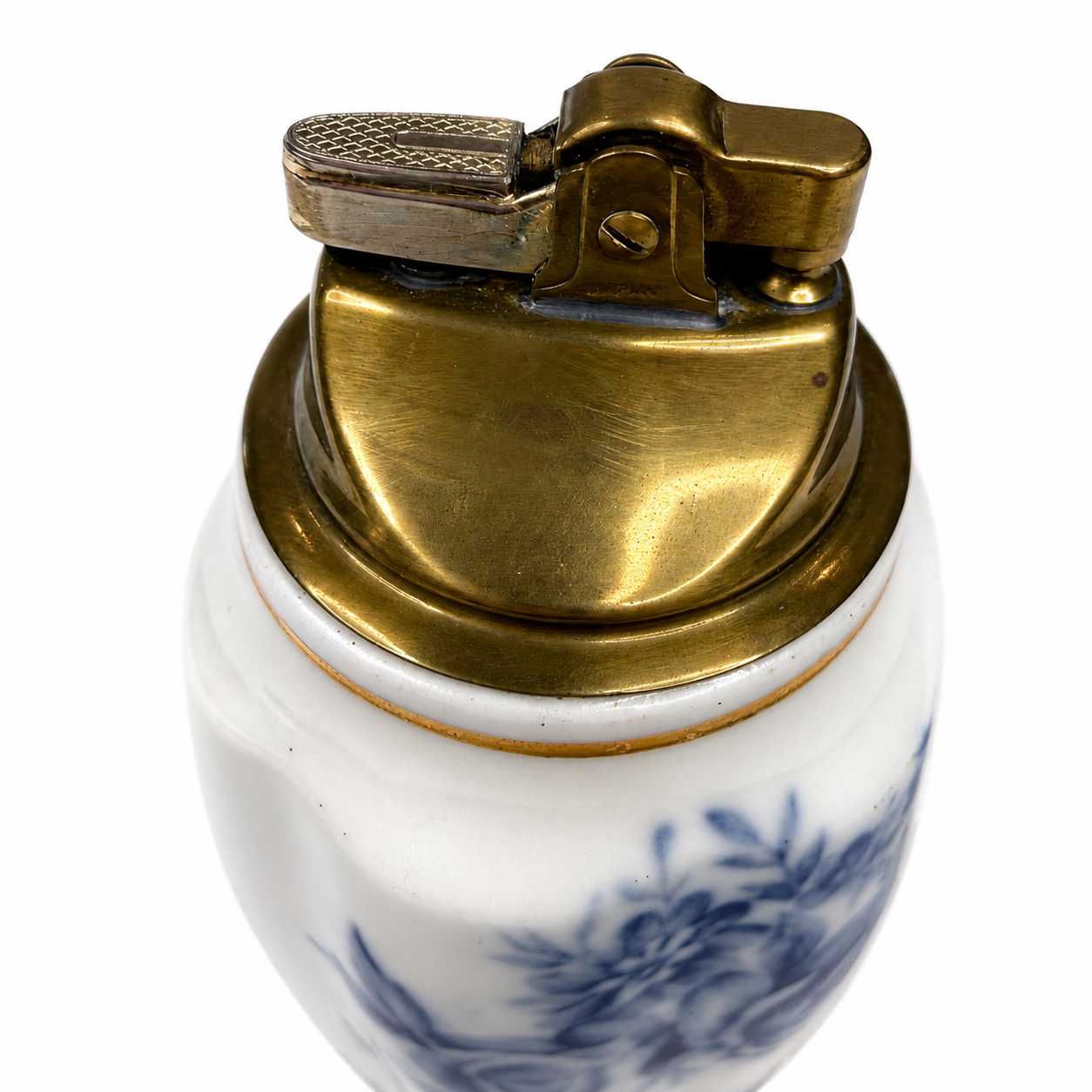 Vintage Enesco Porcelain Table Lighter, Blue Rose Bouquet with Gold Trim — Made in Japan