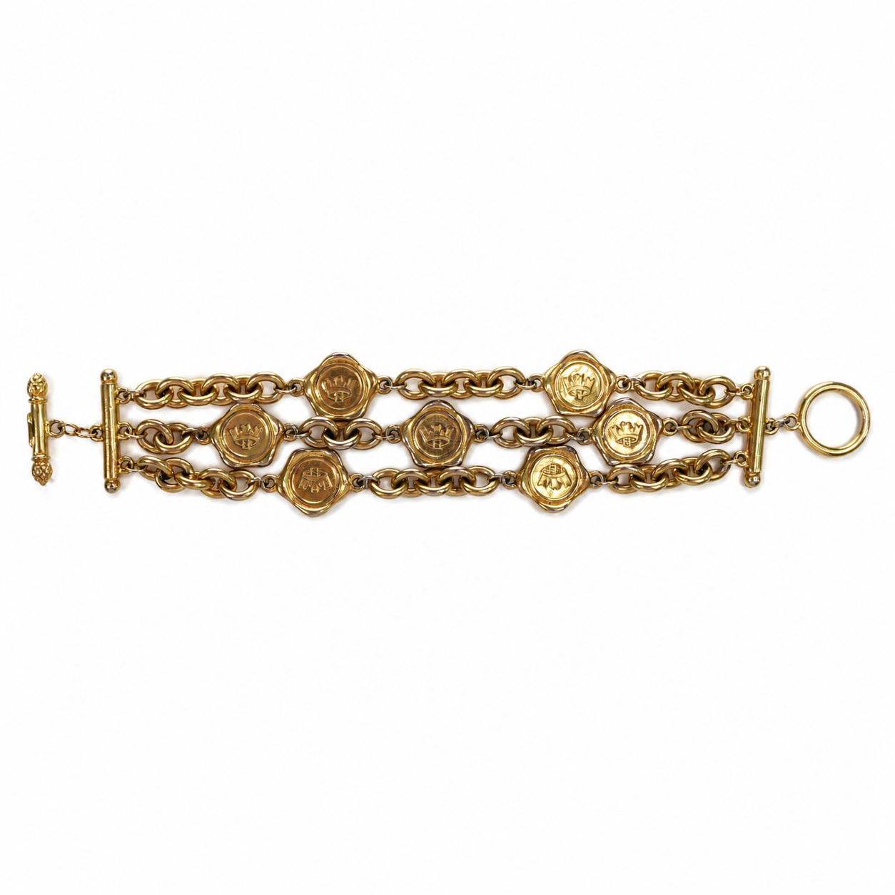 Vintage Fendi Charm Bracelet, Gold-Tone Wax-Seal Crowned FF Logo Medallions, Three-Strand, Toggle Clasp, Signed