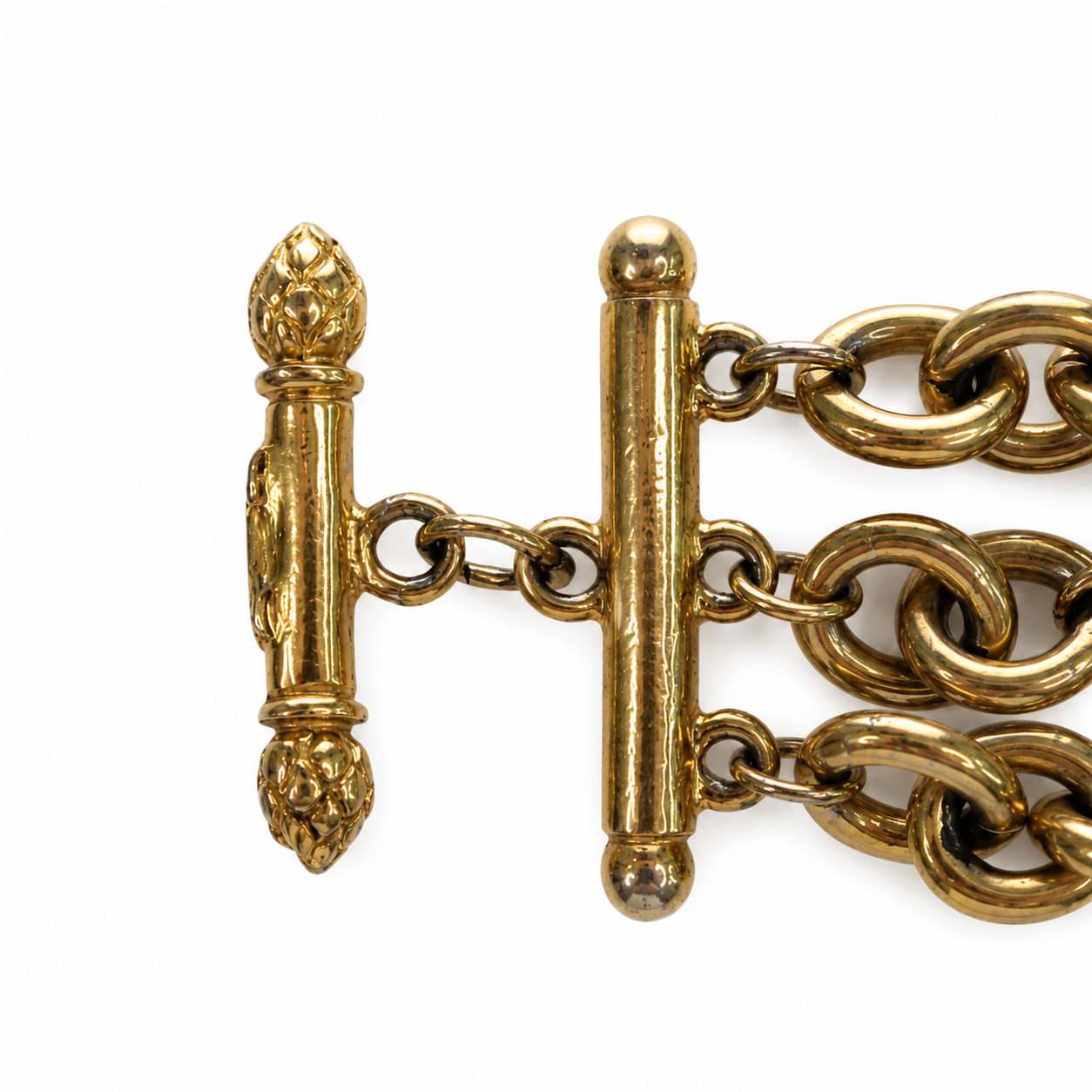 Vintage Fendi Charm Bracelet, Gold-Tone Wax-Seal Crowned FF Logo Medallions, Three-Strand, Toggle Clasp, Signed
