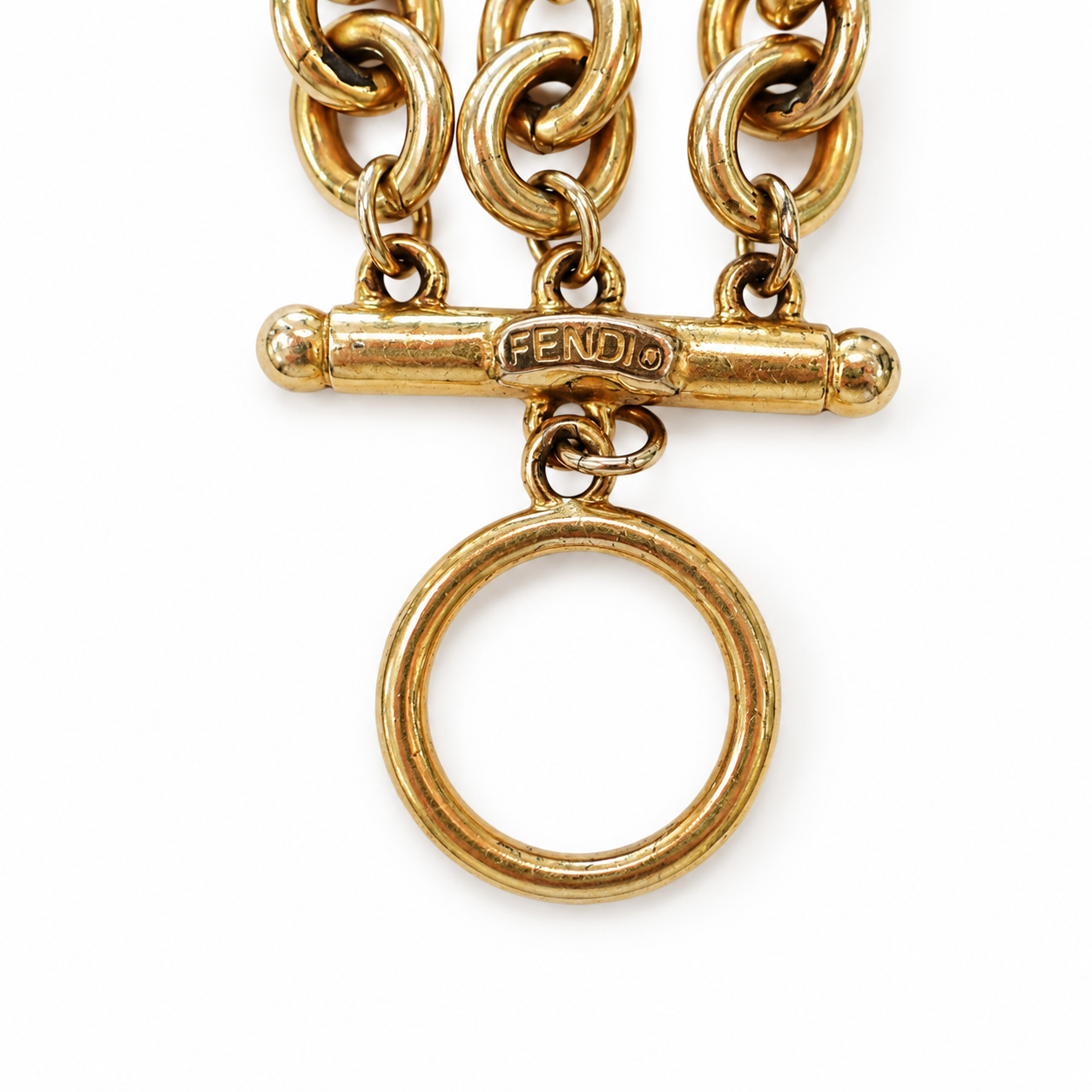 Vintage Fendi Charm Bracelet, Gold-Tone Wax-Seal Crowned FF Logo Medallions, Three-Strand, Toggle Clasp, Signed