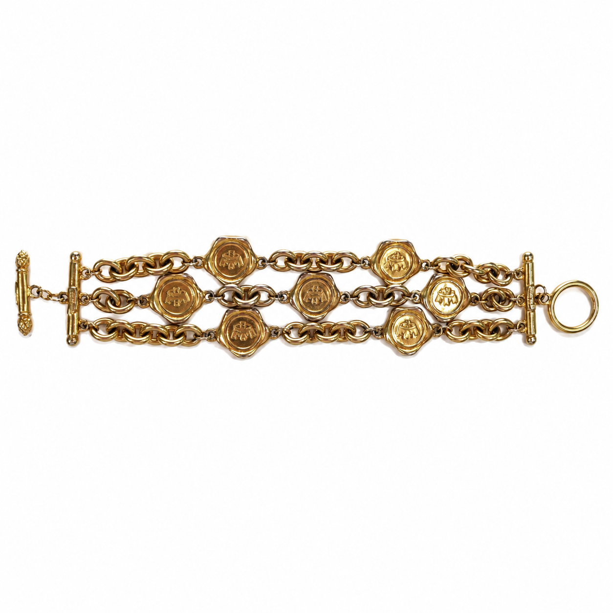 Vintage Fendi Charm Bracelet, Gold-Tone Wax-Seal Crowned FF Logo Medallions, Three-Strand, Toggle Clasp, Signed