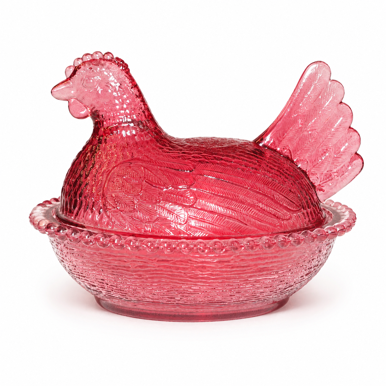 Vintage Indiana Glass Cranberry Hen on Nest Covered Dish, Beaded Rim, 7