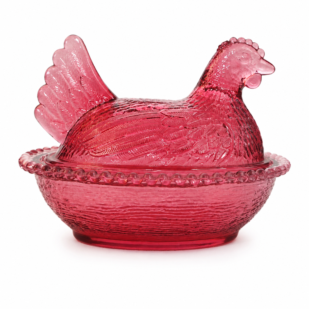 Vintage Indiana Glass Cranberry Hen on Nest Covered Dish, Beaded Rim, 7"
