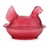 Vintage Indiana Glass Cranberry Hen on Nest Covered Dish, Beaded Rim, 7"