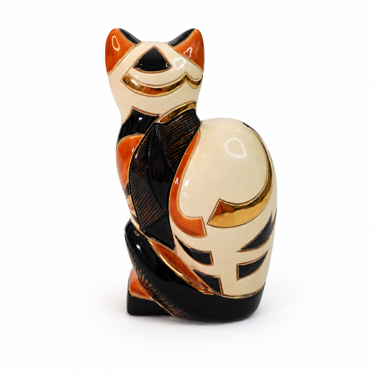 Vintage Mexican Art Deco Lustreware Cat Figurine — Gold, Black & Rust, Artist-Signed