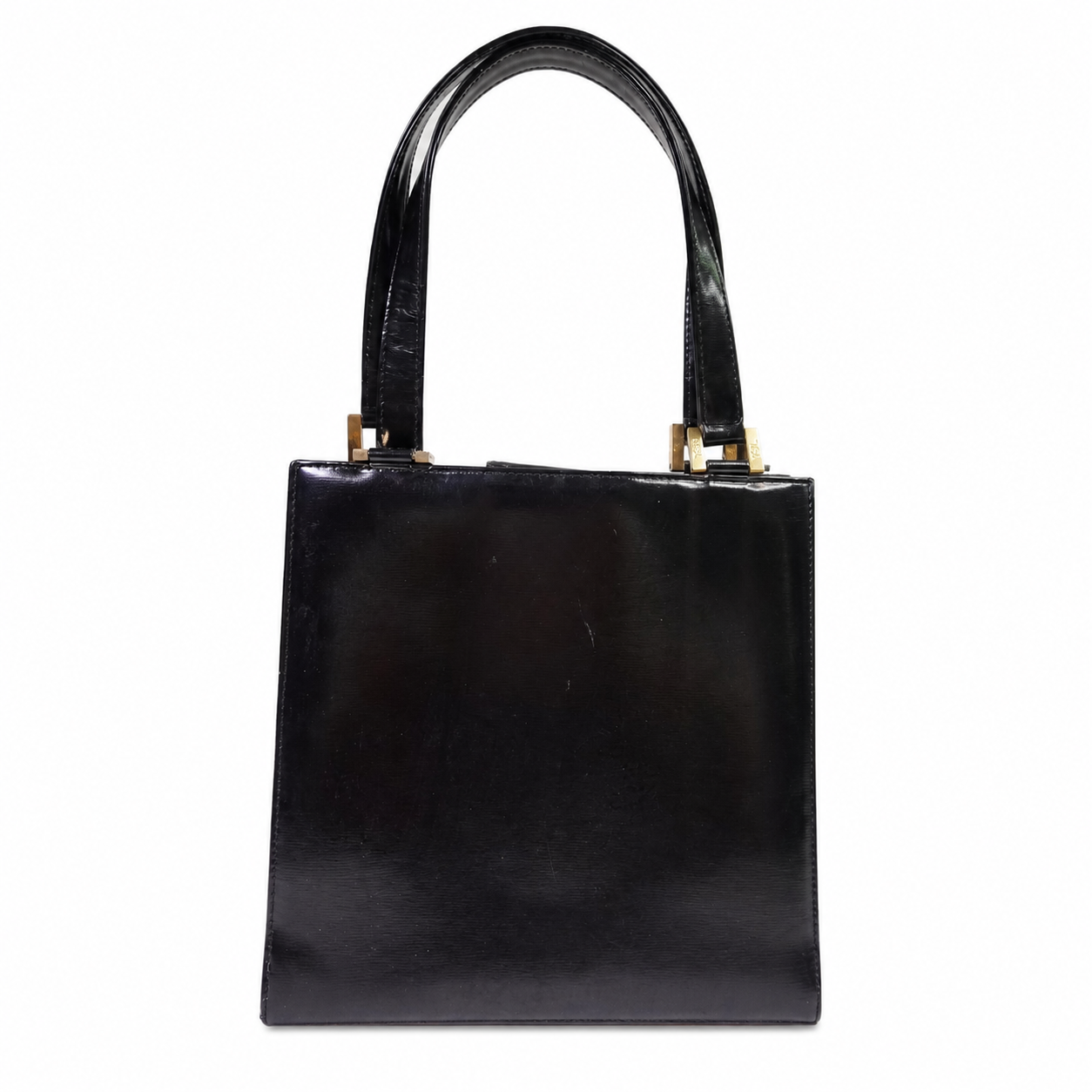 Vintage Yves Saint Laurent Black Leather Top-Handle Satchel, Kelly-Style with Gold-Tone YSL Hardware