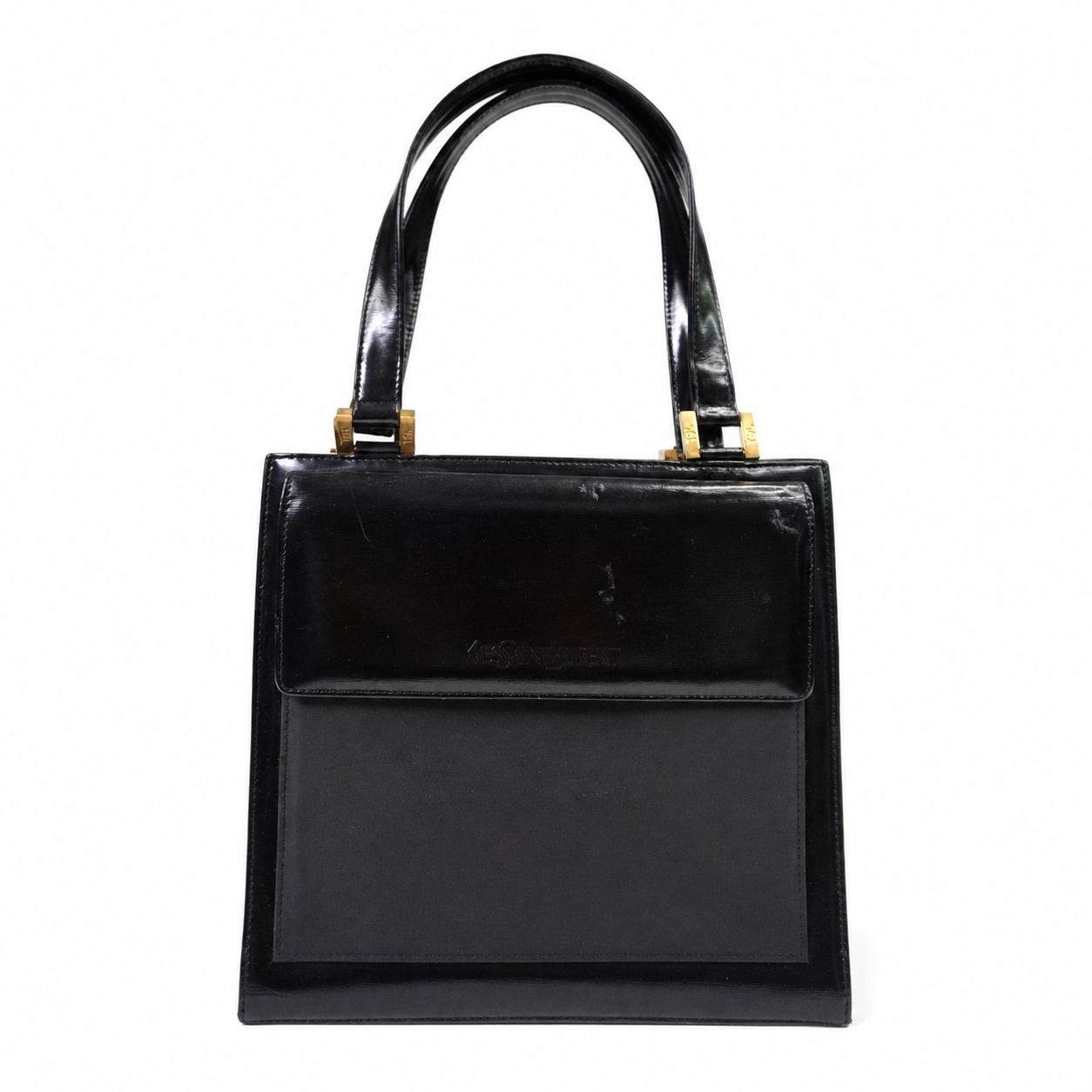 Vintage Yves Saint Laurent Black Leather Top-Handle Satchel, Kelly-Style with Gold-Tone YSL Hardware