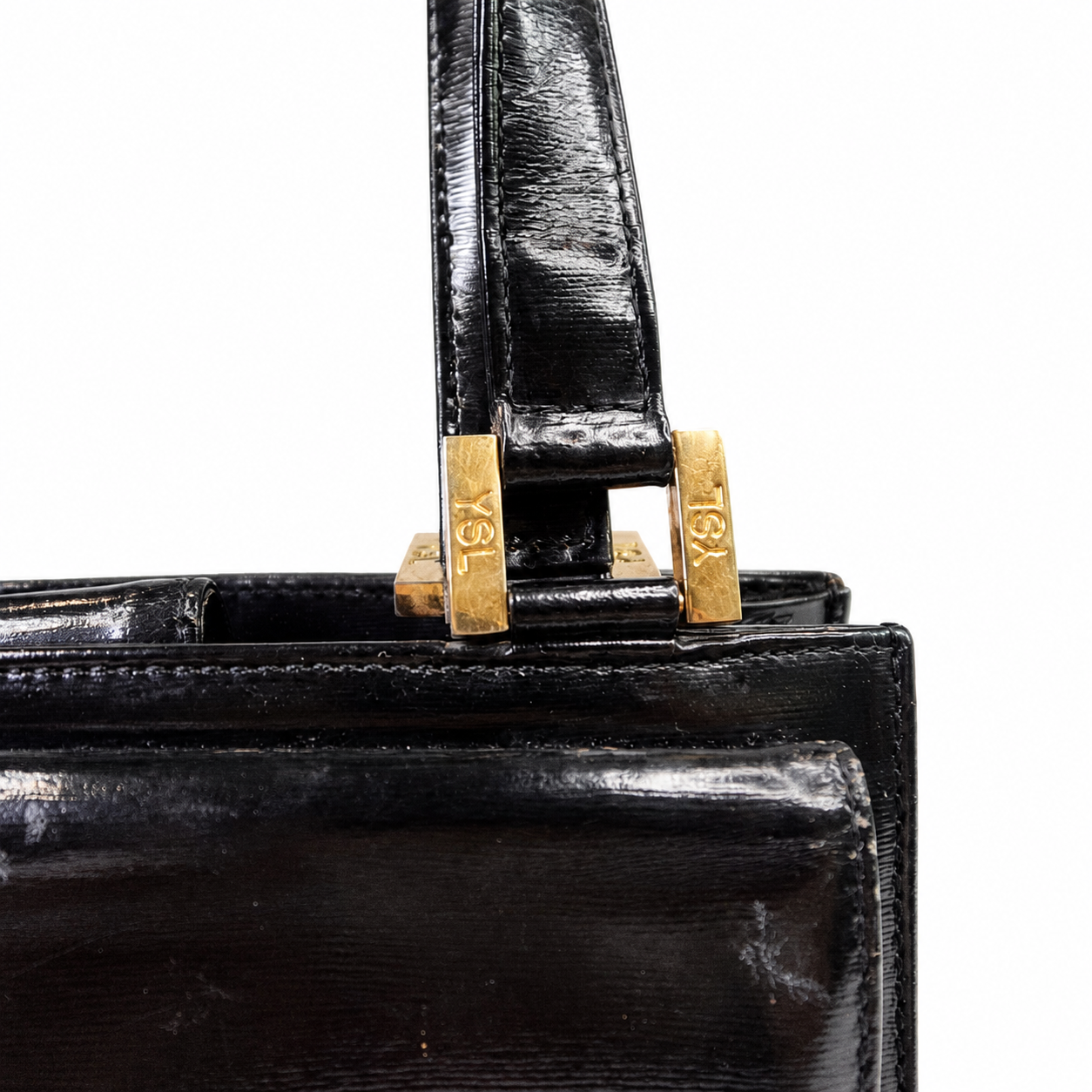 Vintage Yves Saint Laurent Black Leather Top-Handle Satchel, Kelly-Style with Gold-Tone YSL Hardware