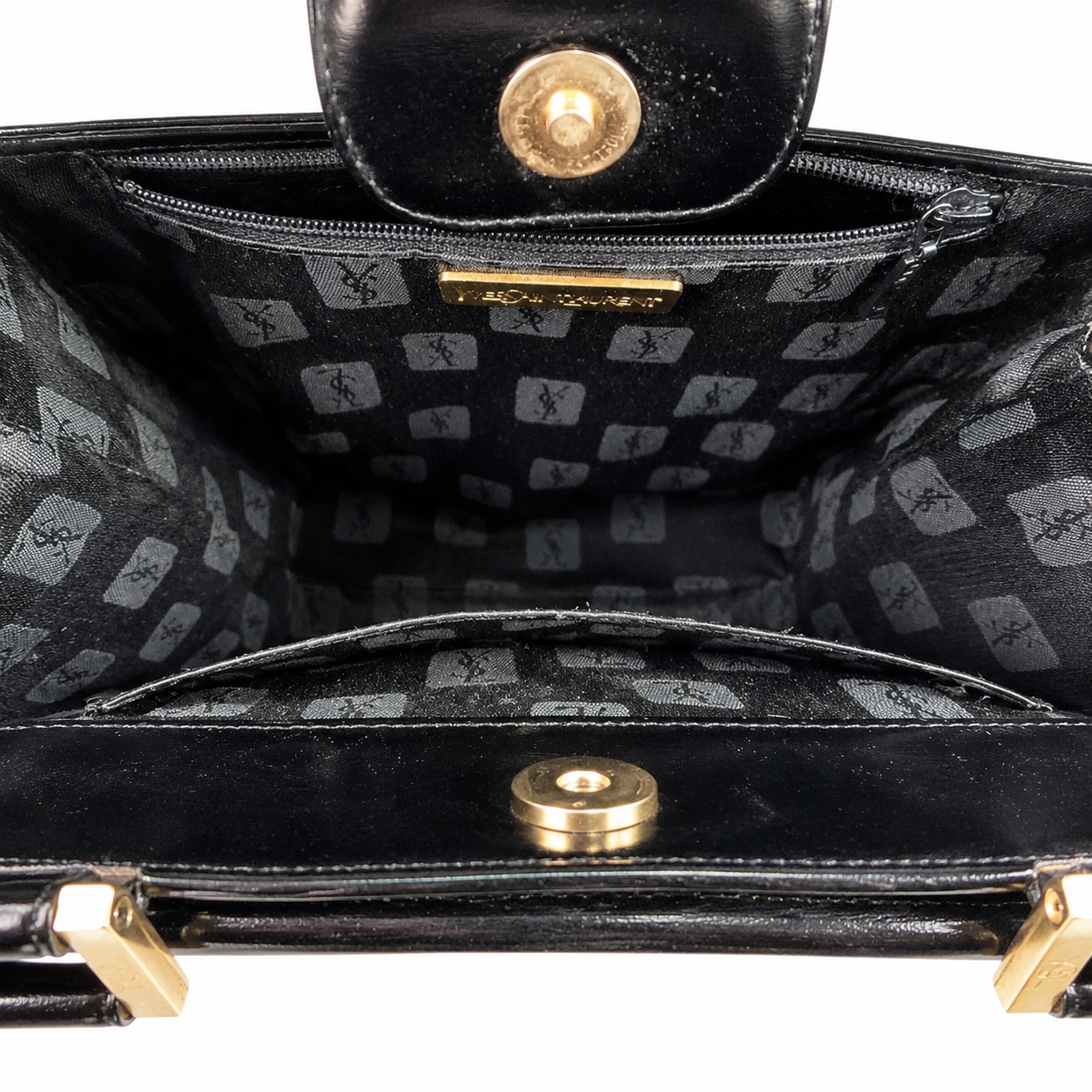 Vintage Yves Saint Laurent Black Leather Top-Handle Satchel, Kelly-Style with Gold-Tone YSL Hardware